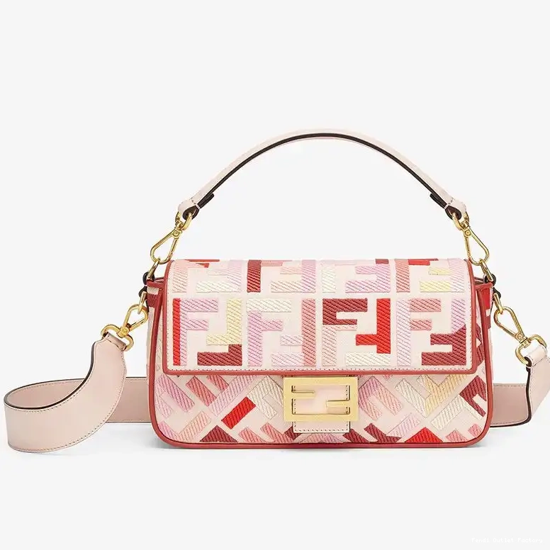 Vintage HOT FF Bag Fendi Red In Baguette Medium Canvas Pink Motif 0624